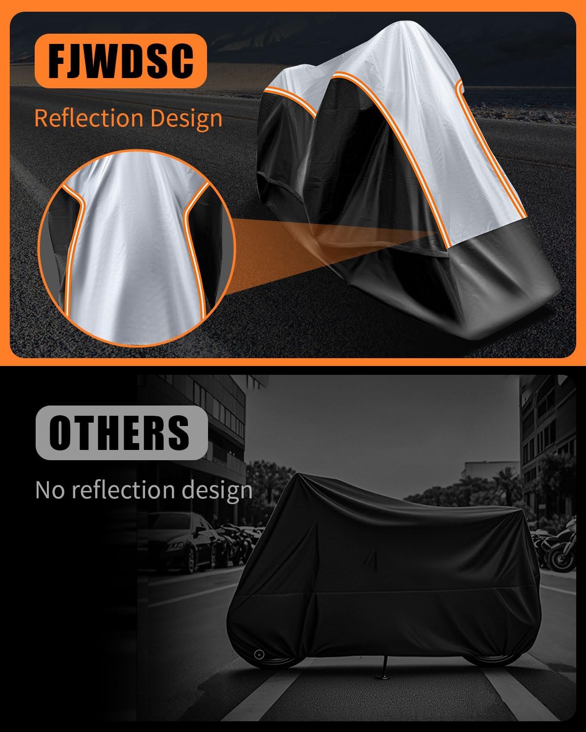 Full Enclosed Large Motorcycle Cover Waterproof Outdoor/Indoor Storage Motorcycle Cover Heavy Duty with Reflective Strips Fits Motorcycles Length up to 118' with Side+Top Box (Black+Sliver)