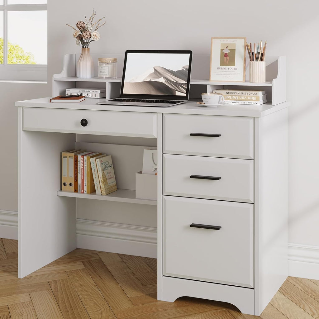4 EVER WINNER White Desk with Drawers, 44 Inch Small Computer Desk with File Drawer and Monitor Stand, Wood Desk with Storage Shelf for Small Spaces, Living Room, Bedroom, White