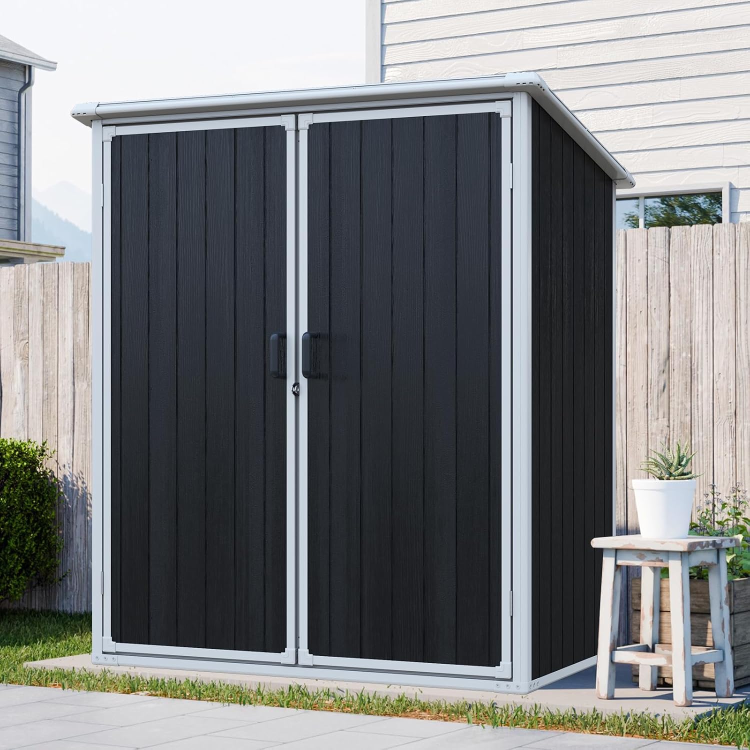 YOPTO 5x3 FT Outdoor Storage Shed,Waterproof Resin Cabinet with Lockable Doors,Storage Sheds House Shelter w/Sloped Roof,Tool House for Storing Bicycles,Lawnmowers,Black