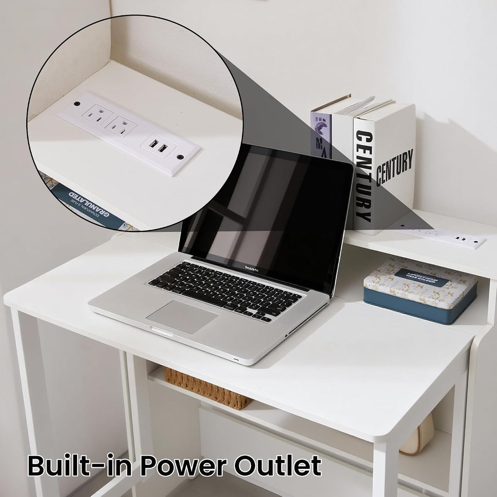 Folding Desk with Charging Station,Fold Out Desk with Monitor Stand,Storage Shelf,Small Foldable Computer Desk for Compact Home Office Spaces (White)