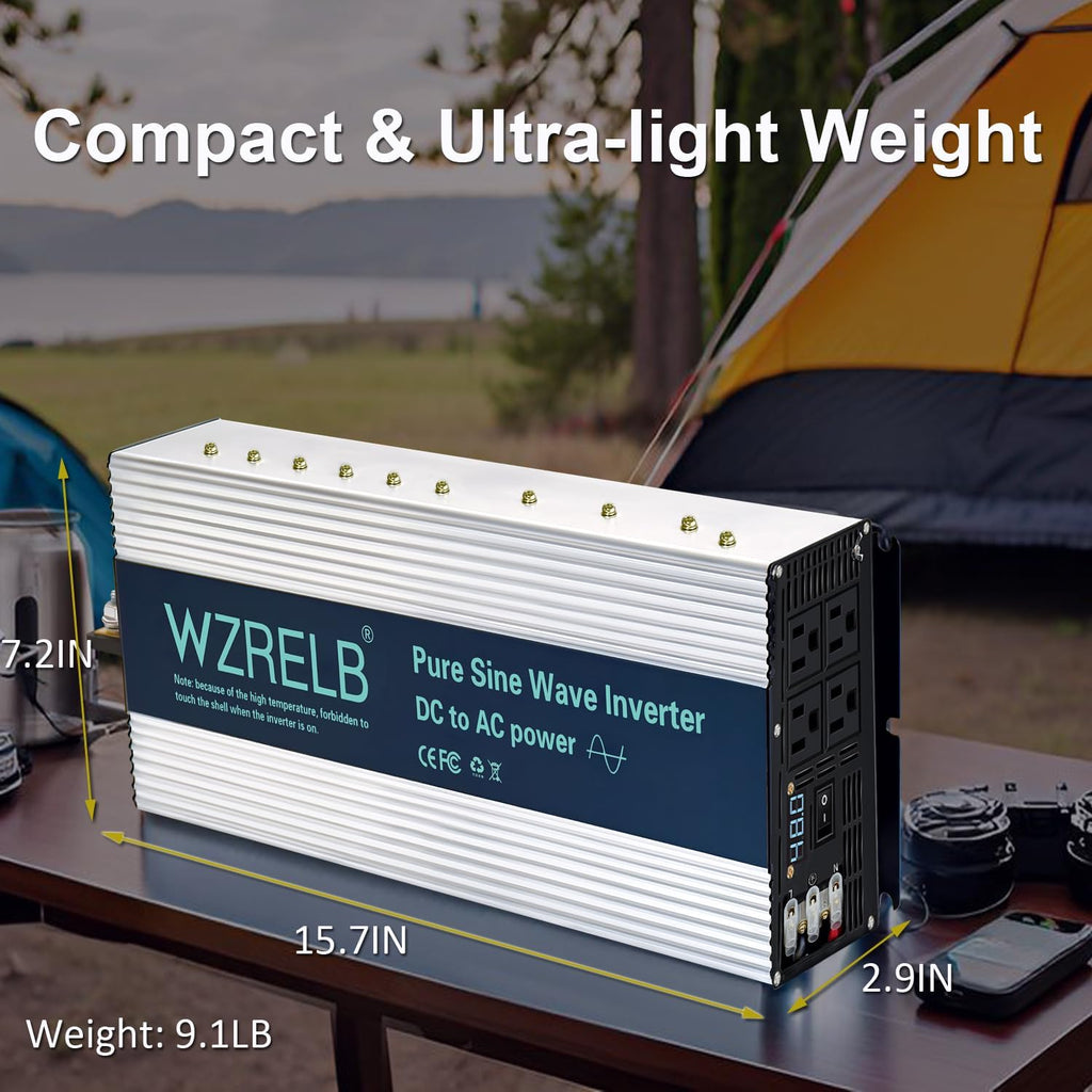WZRELB 5000W Pure Sine Wave Inverter 12V DC to 110V 120V AC with LED Display,Remote Controller,Off-Grid Power Converter 10000W Surge with 4 AC Outlets, Hardwire Terminal for Home, RV, Truck, Camping