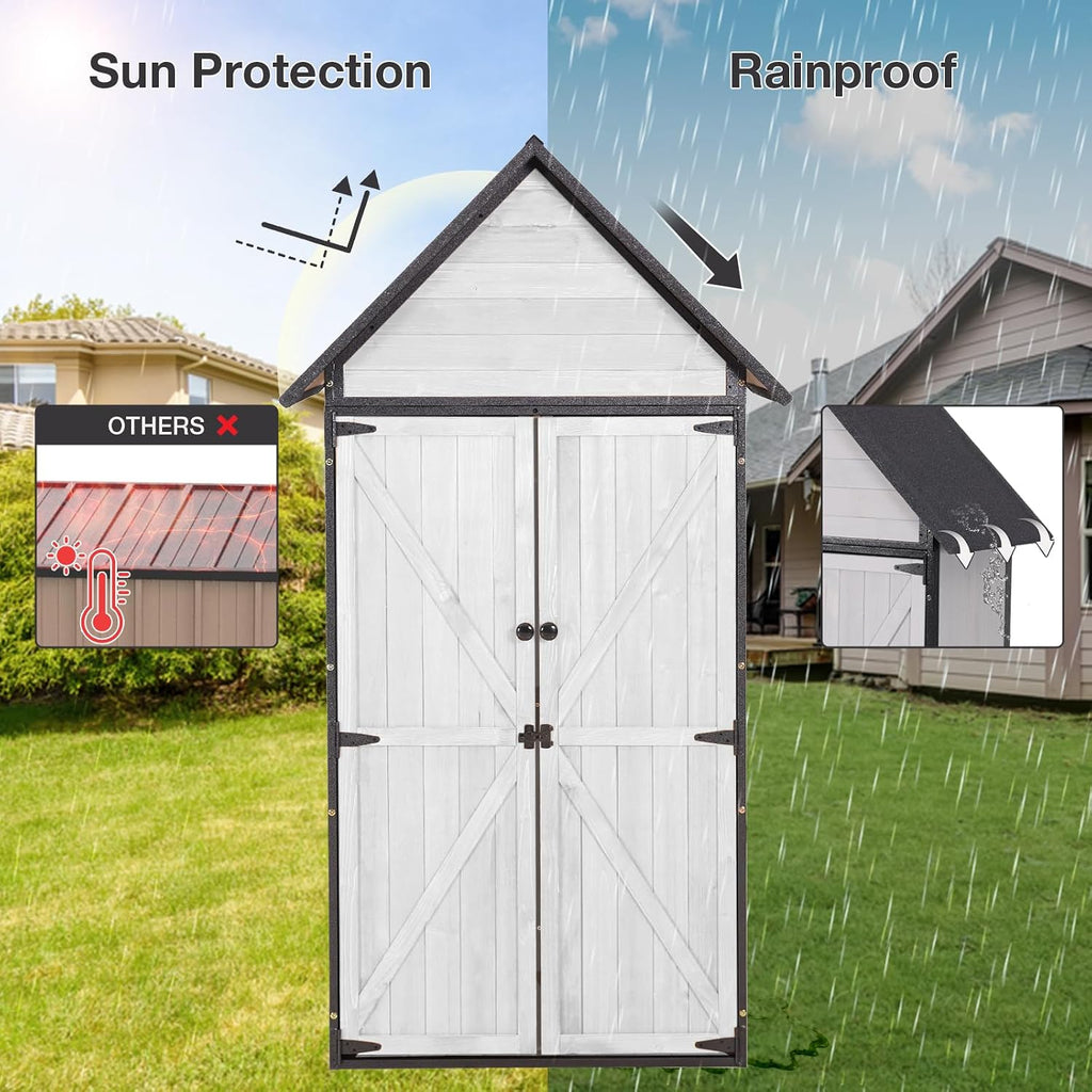Indoor Outdoor Storage Cabinet with Waterproof Roof Storage Shed with Adjustable Shelves Large Capacity Wooden Storage Shed with Metal Frame Structure for Backyard Garden Patio Lawn (White)