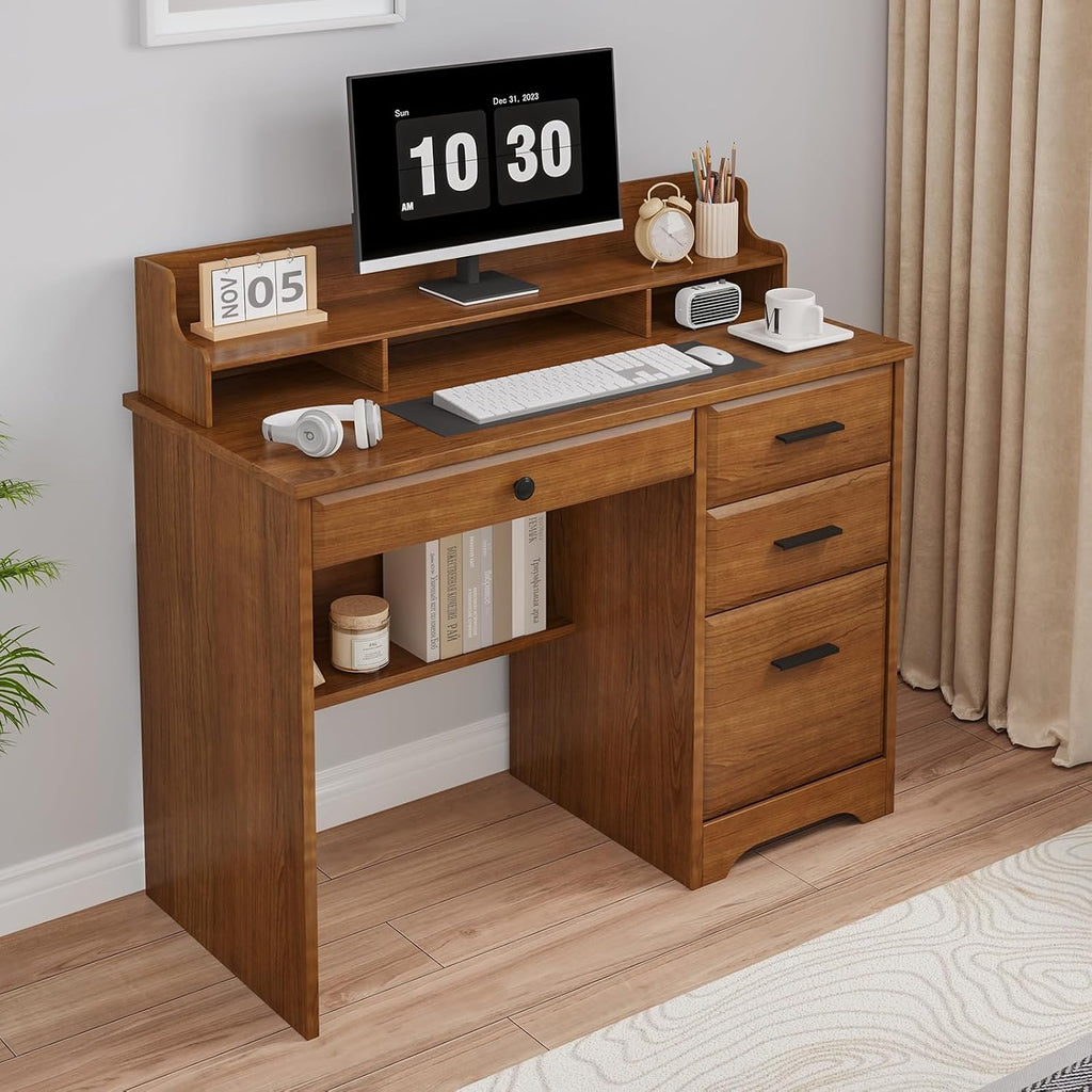4 EVER WINNER Small Desk with Drawers for Small Spaces, 44'' Wood Desk with File Drawer & Monitor Stand, Office Desks Writing Study Table for Bedroom, Living Room, Brown