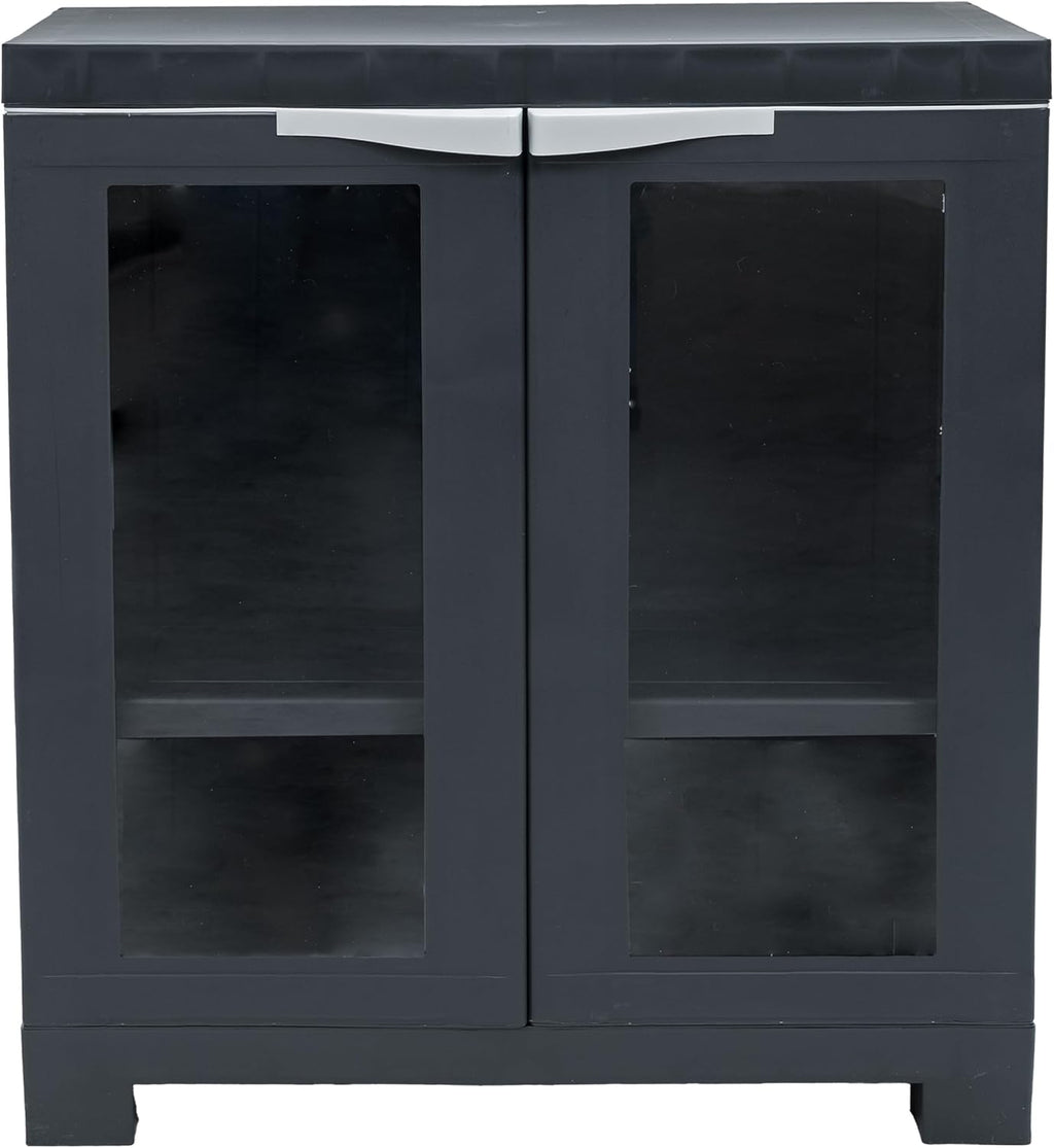 Sunnydaze 25.5' H Resin Garage Storage Cabinet - Garage Cabinet with 2 Acrylic Glass Doors - Freestanding Utility Storage for Laundry Room, Office, Basement - Charcoal