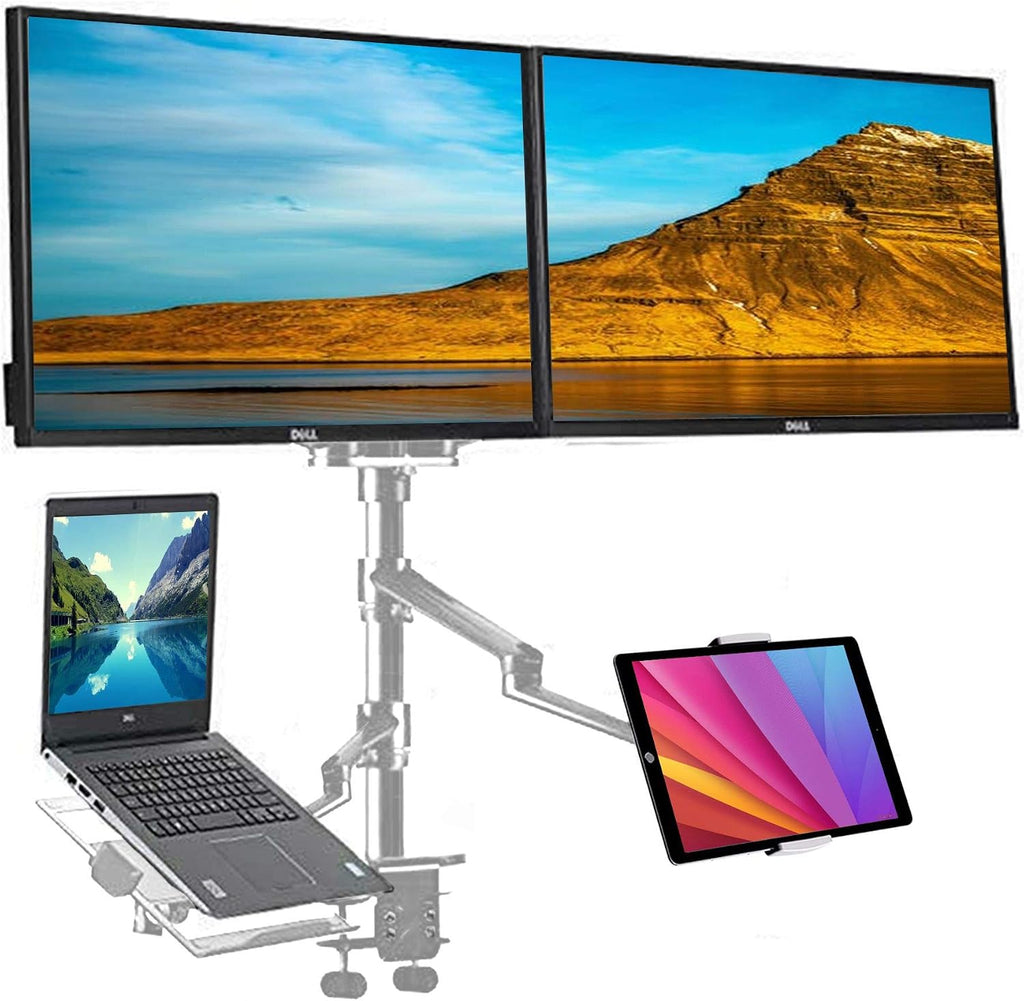 4 arm Height Adjustable Desk Bed Holder Mount Stand for 10 to 17 inch Laptop and Double Monitor(11-27 inc),Compatible with MacBook,Ipad Pro Ipad Air,IPad Mini, Tablets 9 to 13 inch (CHROME SILVER)