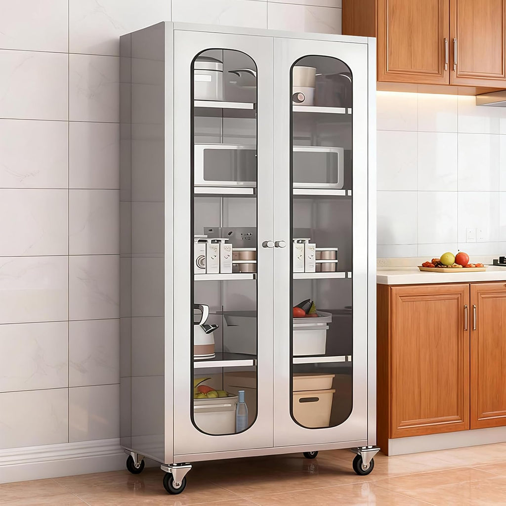 ZZV 68' Tall Stainless Steel Storage Cabinet with Wheels, Fully Assembled 5-Tier Kitchen Pantry Cabinet with Glass Doors for Garage, Utility Room, Laundry Room, Restaurant, Cafe, and Outdoor