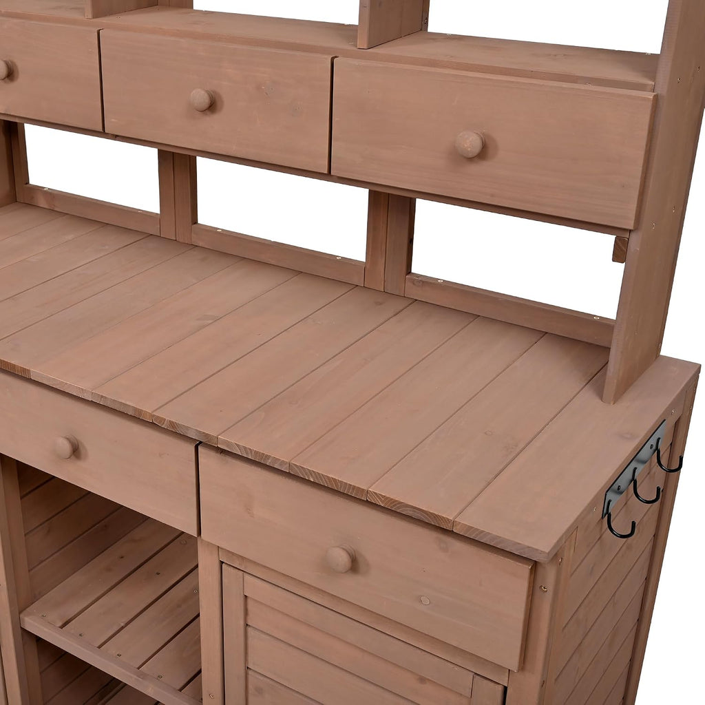 JIVOIT Outdoor Wood Workstation Table, 65.7'' H Tall Garden Potting Bench Table with Hutch, 3 Shelves, 6 Drawers, 2 Bottom Cabinets & Side Hooks, Patio Storage Workstation for Mudroom, Doorway