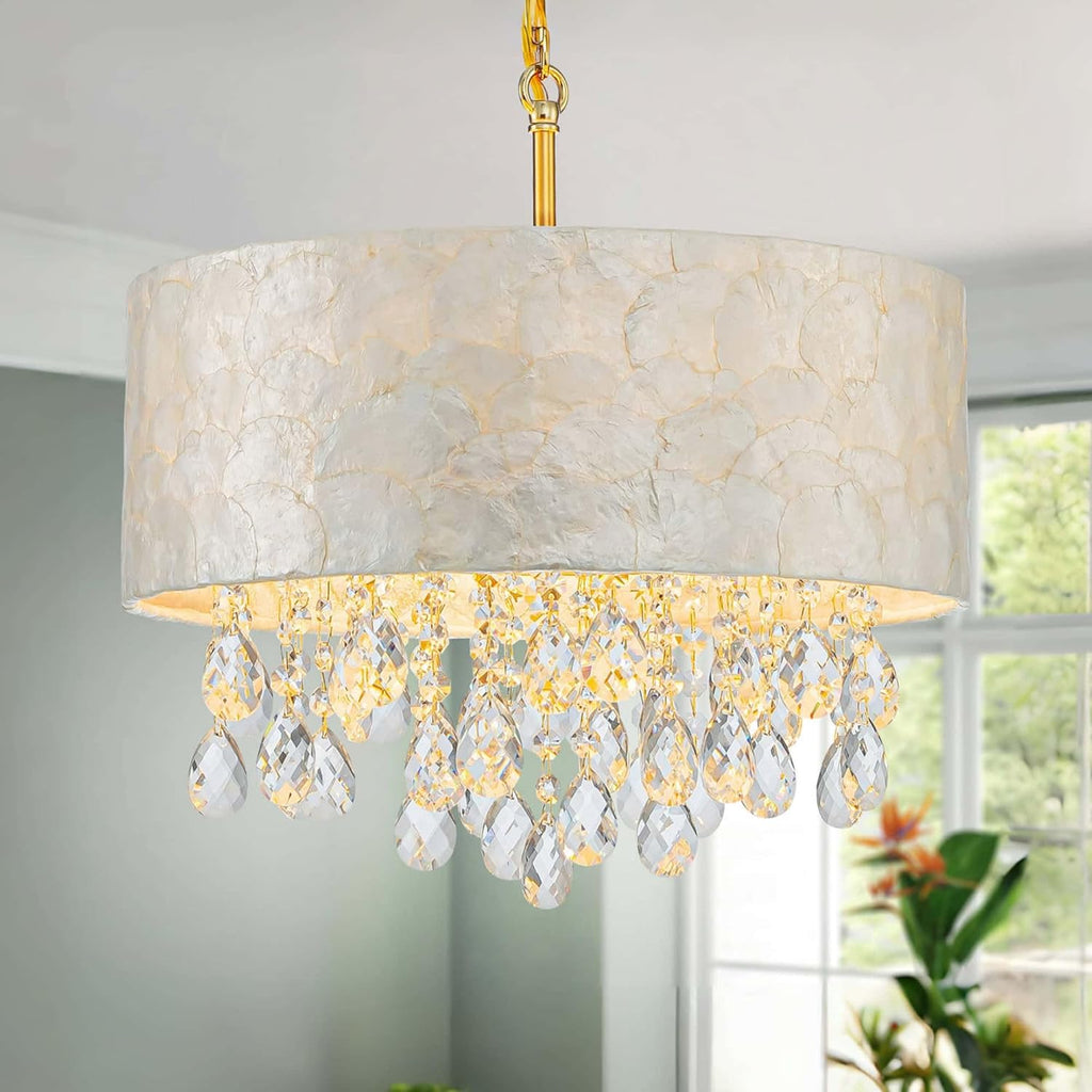 LumFurn D16in Drum Capiz Shell Crystal Chandeliers, 4-Light Coastal Style Pendant Light Fixture for Dining Room, Living Room, D16x20~67'(Adjustable), Shell Lampshade, K9Crystal & Gold Finish