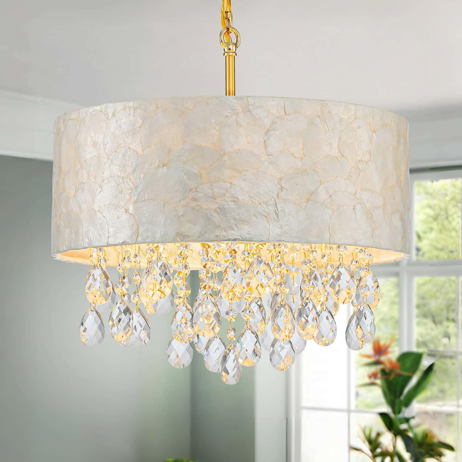 LumFurn D16in Drum Capiz Shell Crystal Chandeliers, 4-Light Coastal Style Pendant Light Fixture for Dining Room, Living Room, D16x20~67'(Adjustable), Shell Lampshade, K9Crystal & Gold Finish