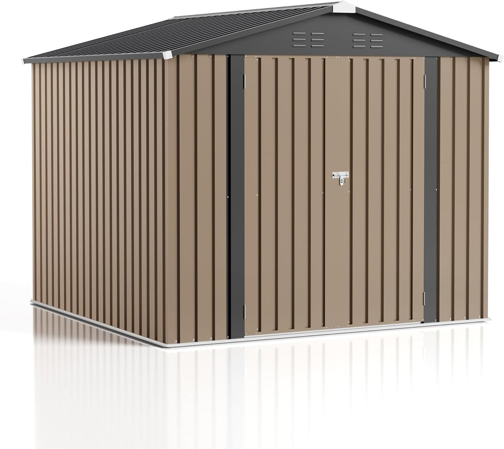 JUMMICO 8x8 FT Outdoor Storage Shed, Heavy Duty Tool Metal Sheds with Lockable Doors and Updated Frame Structure for Backyard Patio Lawn, Brown