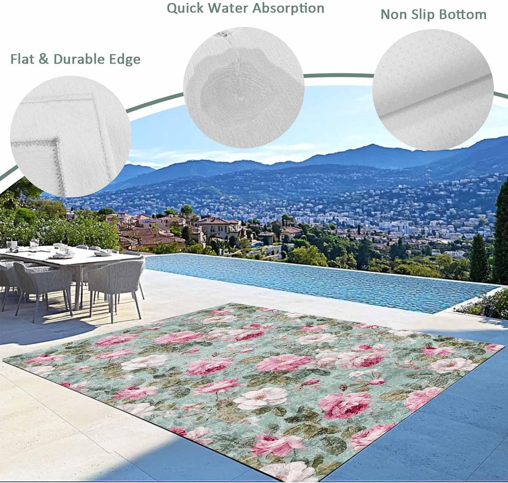 Vintage Spring Floral Outdoor Rug for Patio/Deck/Porch, Non-Slip Large Area Rug 6 x 9 Ft, Botanical Summer Pink Green Indoor Outdoor Rugs Washable Area Rugs, Reversible Camping Rug Carpet Runner