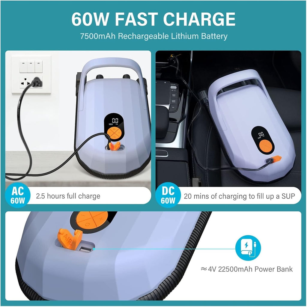 Paddle Board Fin, Electric Pump 7500mAh Battery for Inflatable Kayak Surfboard Stand Up Paddle with 5 Nozzles Boat Accessories