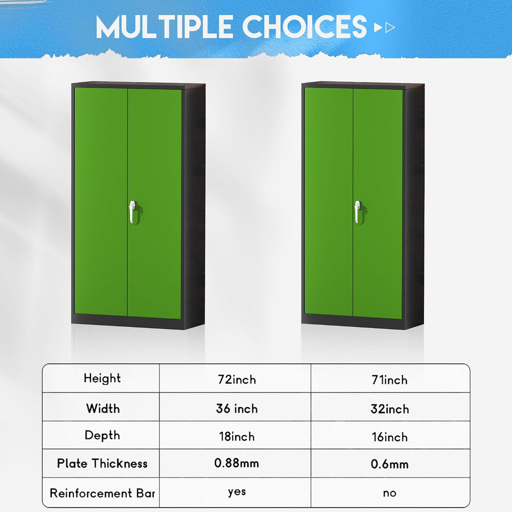 Greenvelly Metal Storage Cabinet,72' Steel Storage Cabinets with Doors and Adjustable Shelves, Metal Tool Cabinets, Locking File Cabinet for Home Office, Garage, School (Black Green36 Wx18 D)