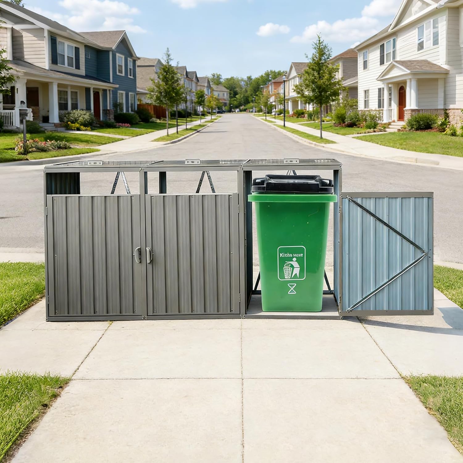 Outdoor Trash Can Storage Shed, Metal Trash Can Enclosure for 3 Trash Cans, Garbage Can Holders for Outside, Garbage Bin Storage Shed for Garden Yard Lawn (8 FT, Light Gray)
