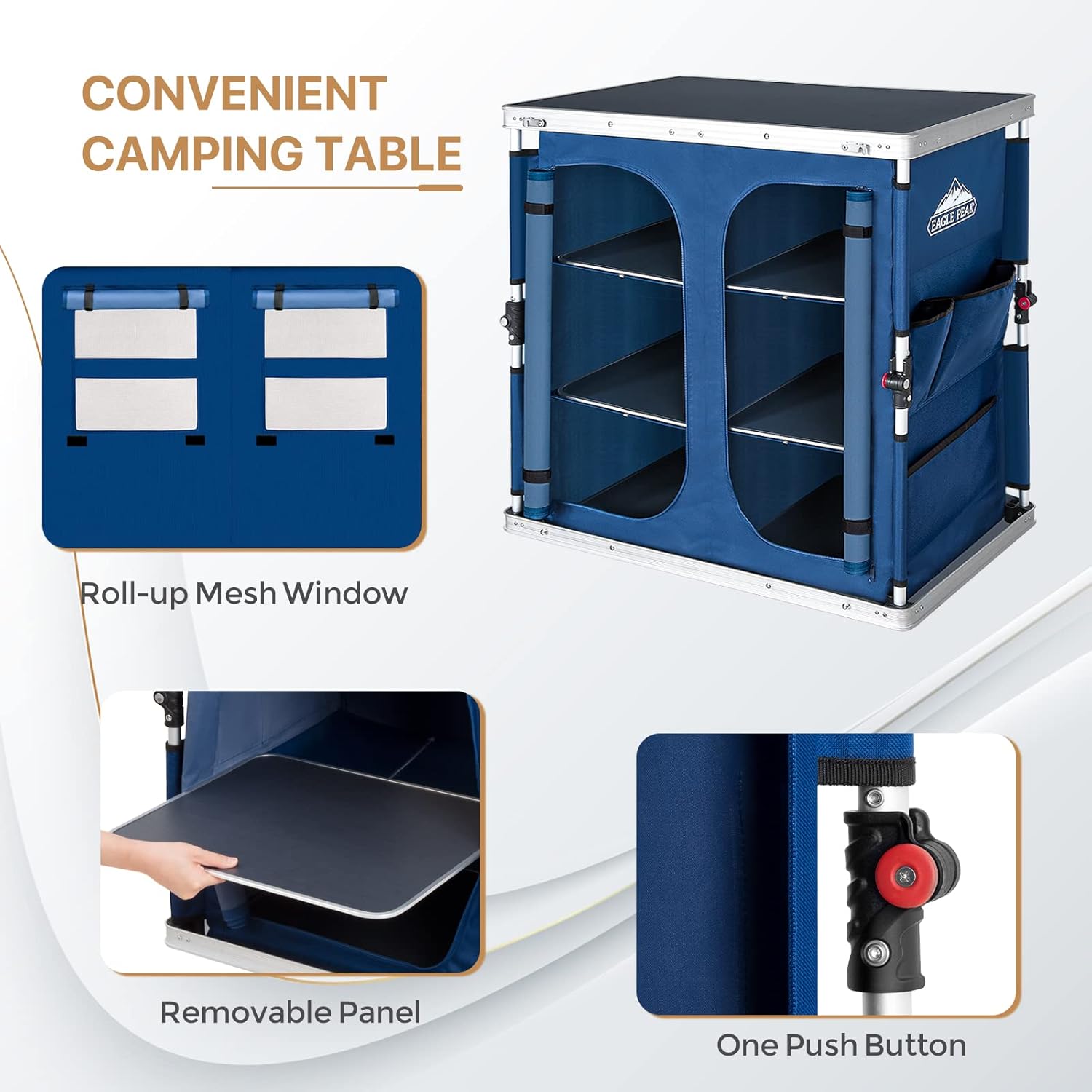 EAGLE PEAK Double Folding Camping Table with Storage Organizer and Side Pockets, Portable Outdoor Portable Camping Table for BBQ, Picnic and Tailgating, Carry Bag Included, Blue