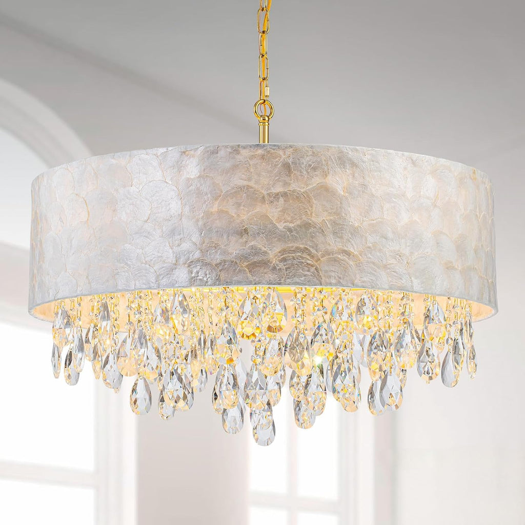 LumFurn 8-Light Drum Capiz Shell Crystal Chandeliers, Coastal Style Pendant Light Fixture for Dining Room, Living Room, D24 x H23~71 inch(Adjustable), Shell Lampshade & Gold Finish