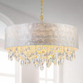 LumFurn 8-Light Drum Capiz Shell Crystal Chandeliers, Coastal Style Pendant Light Fixture for Dining Room, Living Room, D24 x H23~71 inch(Adjustable), Shell Lampshade & Gold Finish