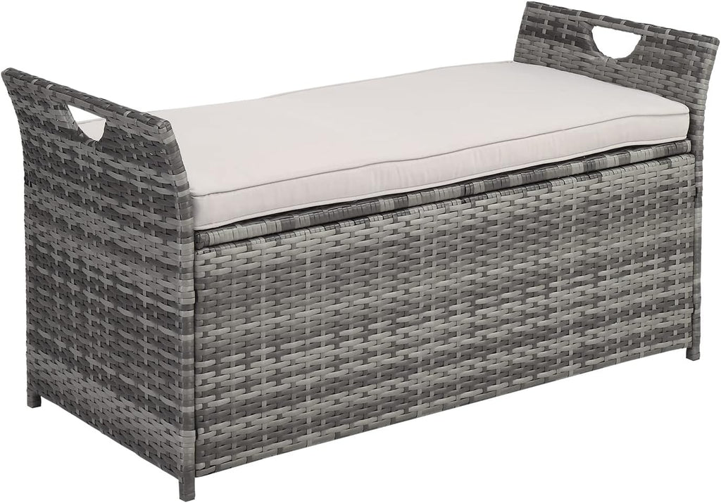 Outvita 40 Gallon Outdoor Storage Box, Patio Rattan Storage Bench with Cushion for Backyard, Balcony, Poolside, Garden, Gray