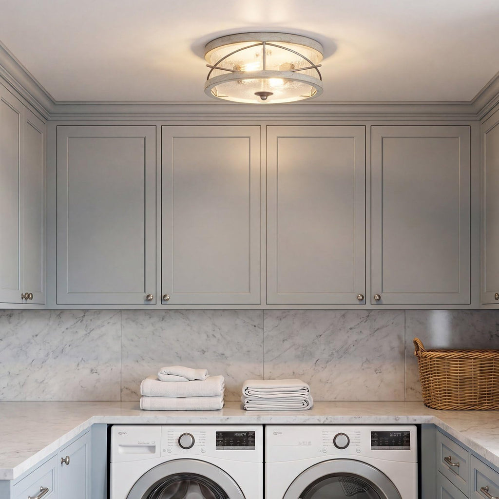 Kira Home Blaylock 13' 2-Light Farmhouse Flush Mount Ceiling Light with Hammered Glass Shade, Modern Hand-Painted Wood Grain Metal Fixture, White Ash Wood and Galvanized Steel Finish