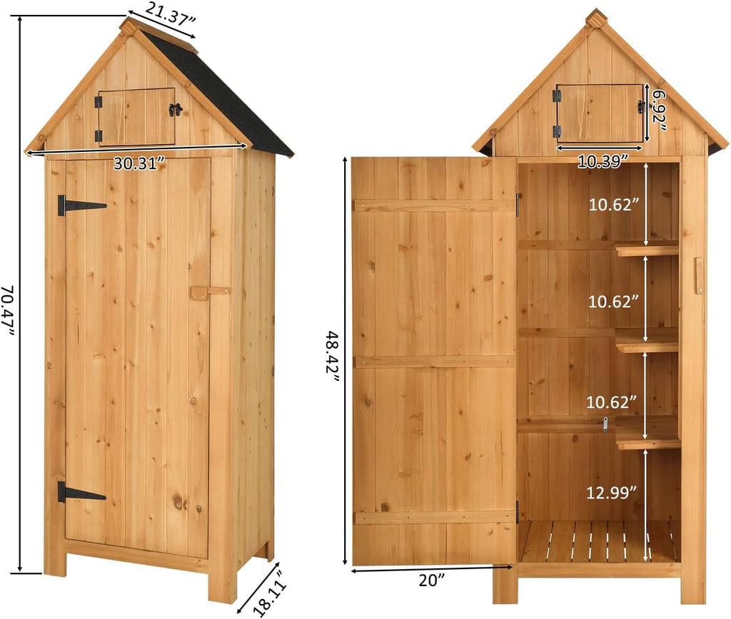 Outvita Outdoor Storage Cabinet, 70in Wooden Vertical Garden Tools Shed, Patio Storage Organizer with Latch & Waterproof Roof for Yard Deck Lawn Equipment, Natural