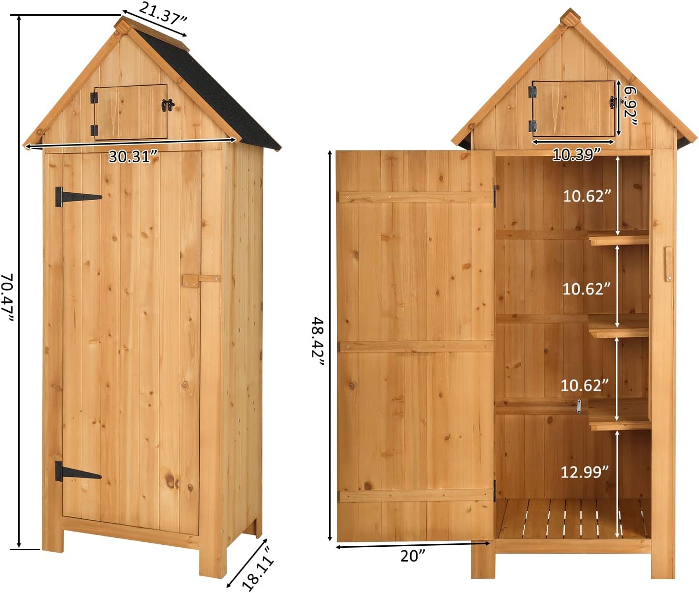 Outvita Outdoor Storage Cabinet, 70in Wooden Vertical Garden Tools Shed, Patio Storage Organizer with Latch & Waterproof Roof for Yard Deck Lawn Equipment, Natural