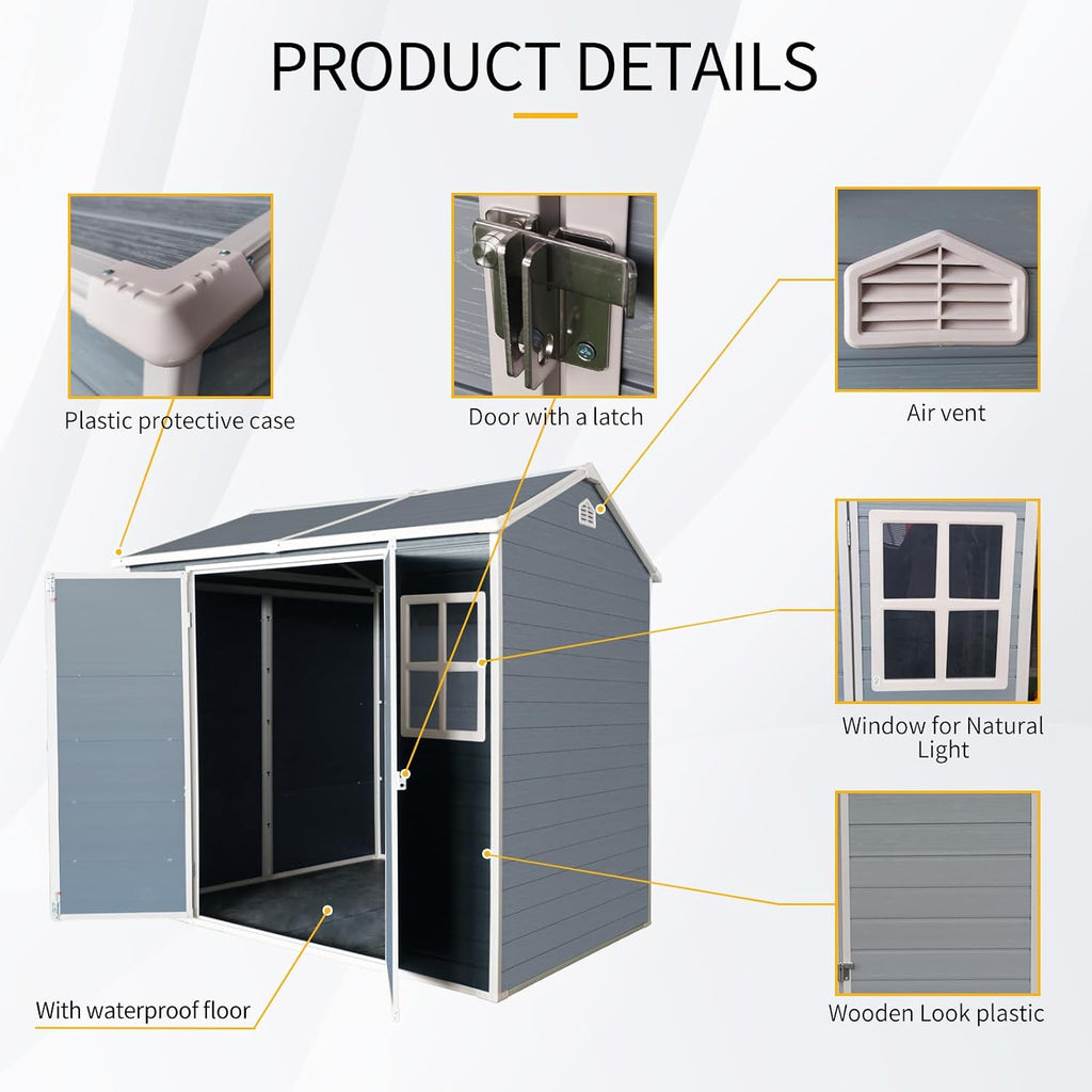 8x4ft Resin Outdoor Storage Shed: Double Doors & Two Windows, Heavy-Duty Plastic Shed with Floor, Waterproof UV-Proof Garden Tool Storage for Backyard, Patio, Yard, Lawn