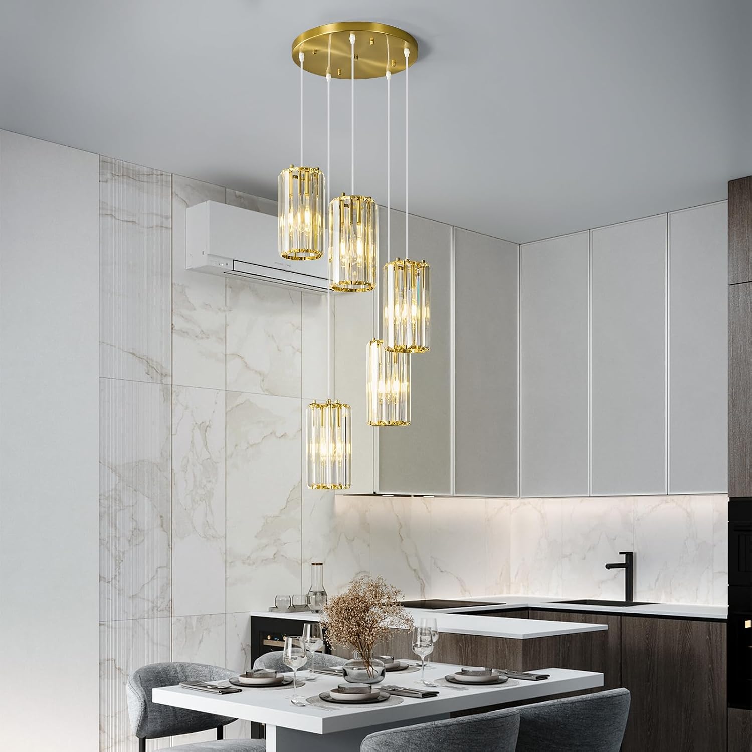 Gold Pendant Lighting Modern Pendant Light, Mini Crystal Chandeliers,Adjustable Pendant Light Fixture for Kitchen Island Dinning Room Corridor Bedroom(Gold 5-Light)