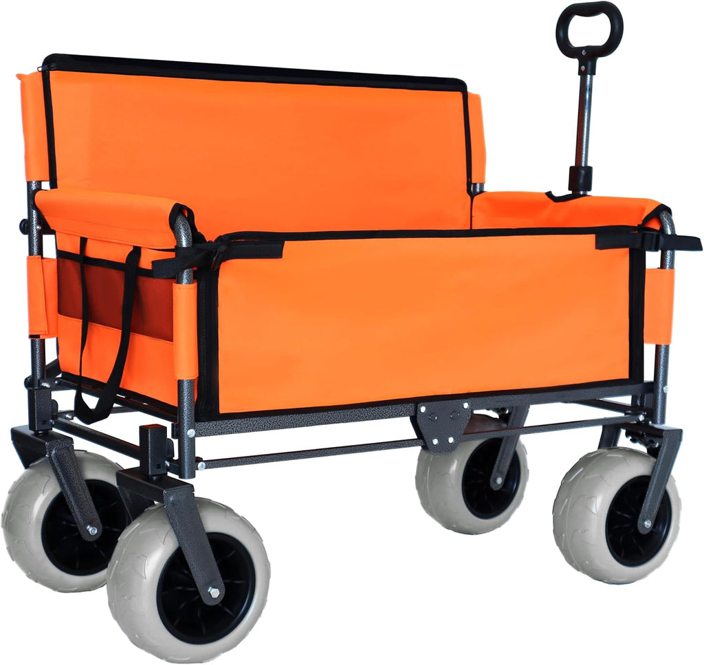 3-in-1 Folding Wagon with Bench Seat – 500lbs Capacity,Reinforced Carbon Steel Frame, 180L Cargo Space– Perfect for Camping, Beach, Outdoor Events & Heavy-Duty Hauling (Orange)