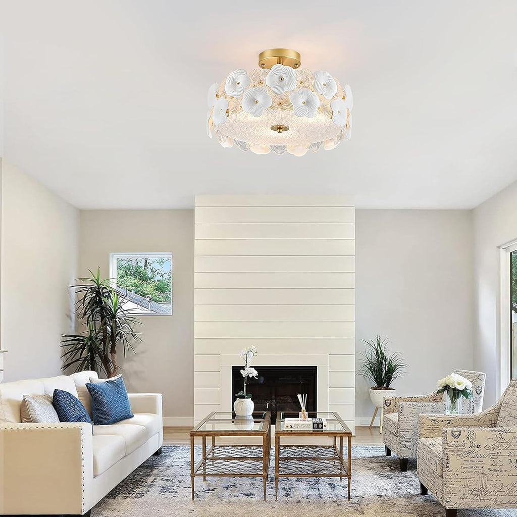 16' Gold Flower Ceiling Light, Glass Semi Flush Mount Ceiling Light, 3-Light Modern Drum Chandelier Ceramic Pendant Lighting for Kitchen, Dining Room, Living Room, Bedroom, Closet, Hallway, Entryway
