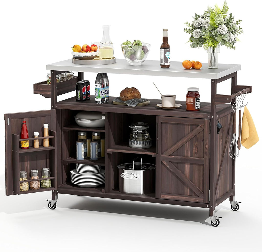 Zevemomo Outdoor Grill Cart with Storage Space, Stainless Steel Tabletop Outdoor Kitchen Island, Fir Wood Outdoor Buffet Cabinet with Lockable Casters for Grilling, Brown