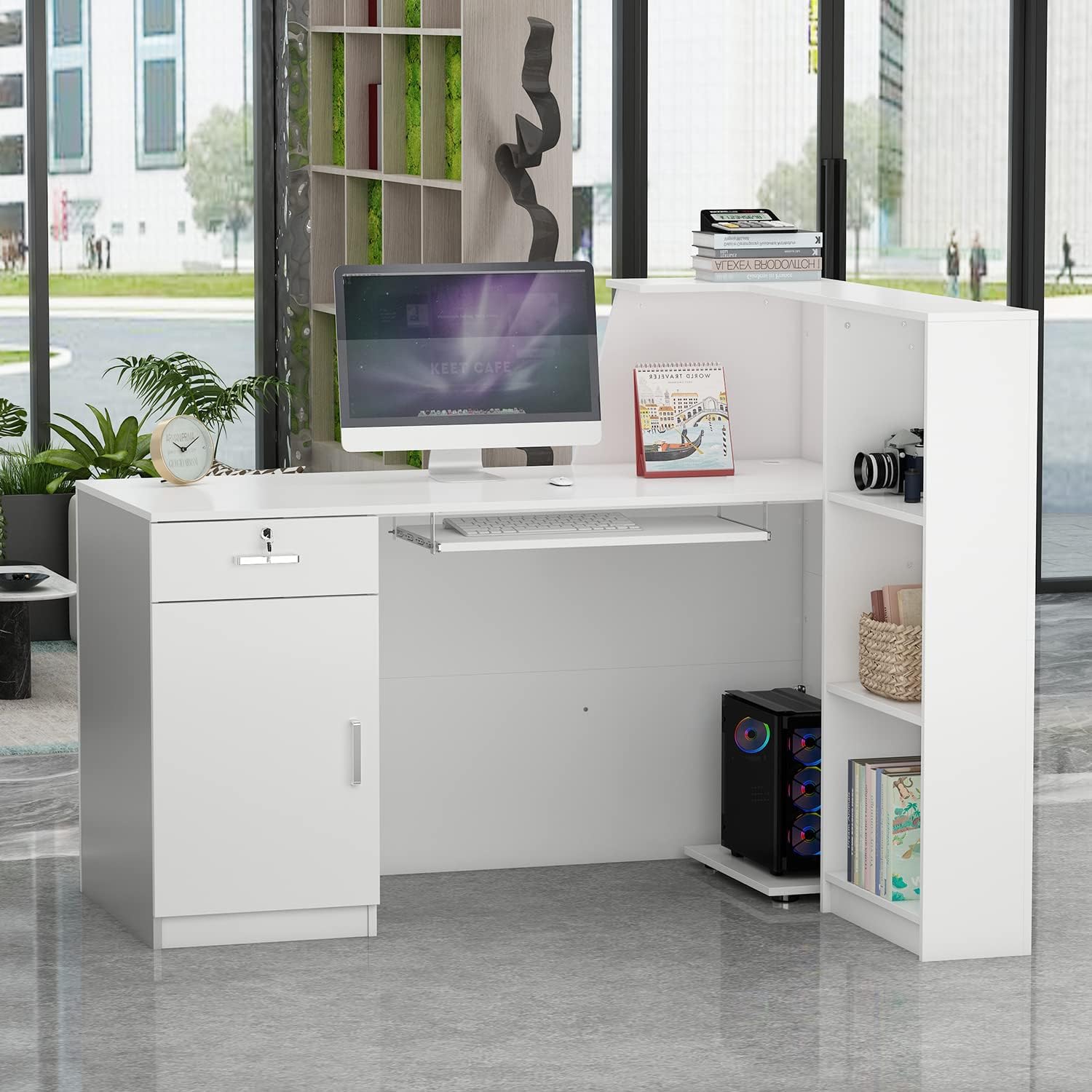 ECACAD 55.1' W L-Shaped Reception Desk with Lockable Drawer, Open Shelves & Keyboard Tray, Office Desk Reception Counter Table with File Cabinet and Black Stickers, White