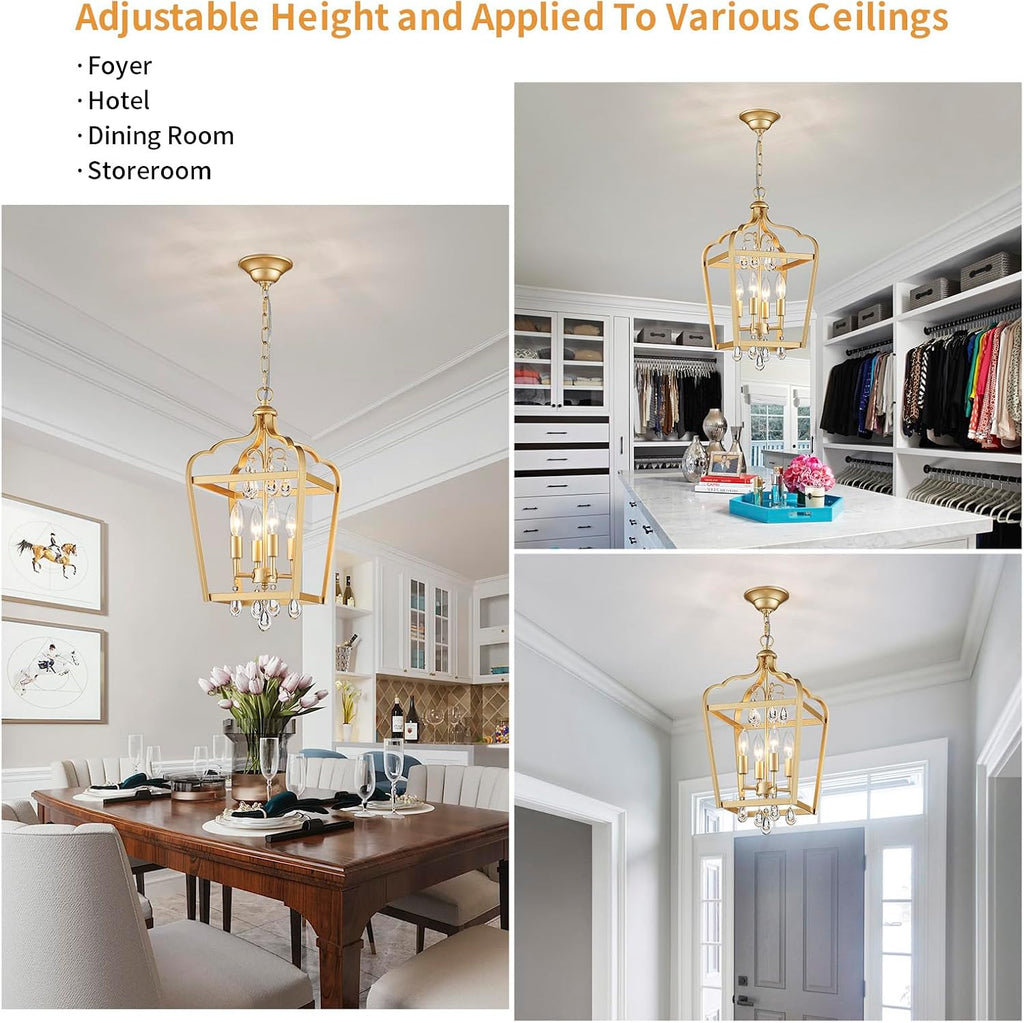 Gold Crystal Chandelier, 4-Light Modern Chandeliers for Dining Room Light Fixture Over Table Adjustable Height Hanging Farmhouse Pendant Light for Hallway Entryway Living Room Kitchen Island Bedroom