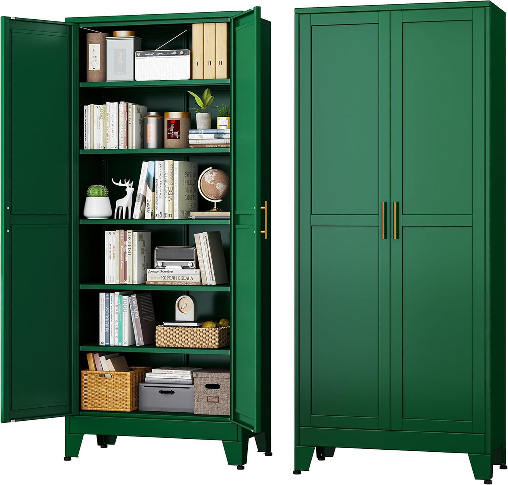 Green Metal Storage Cabinet,75' Steel Cabinets for Home Office, Kitchen Pantry Storage Cabinet with Doors and 5 Adjustable Shelves, Tool Cabinets, for Office, Home, Garage, School