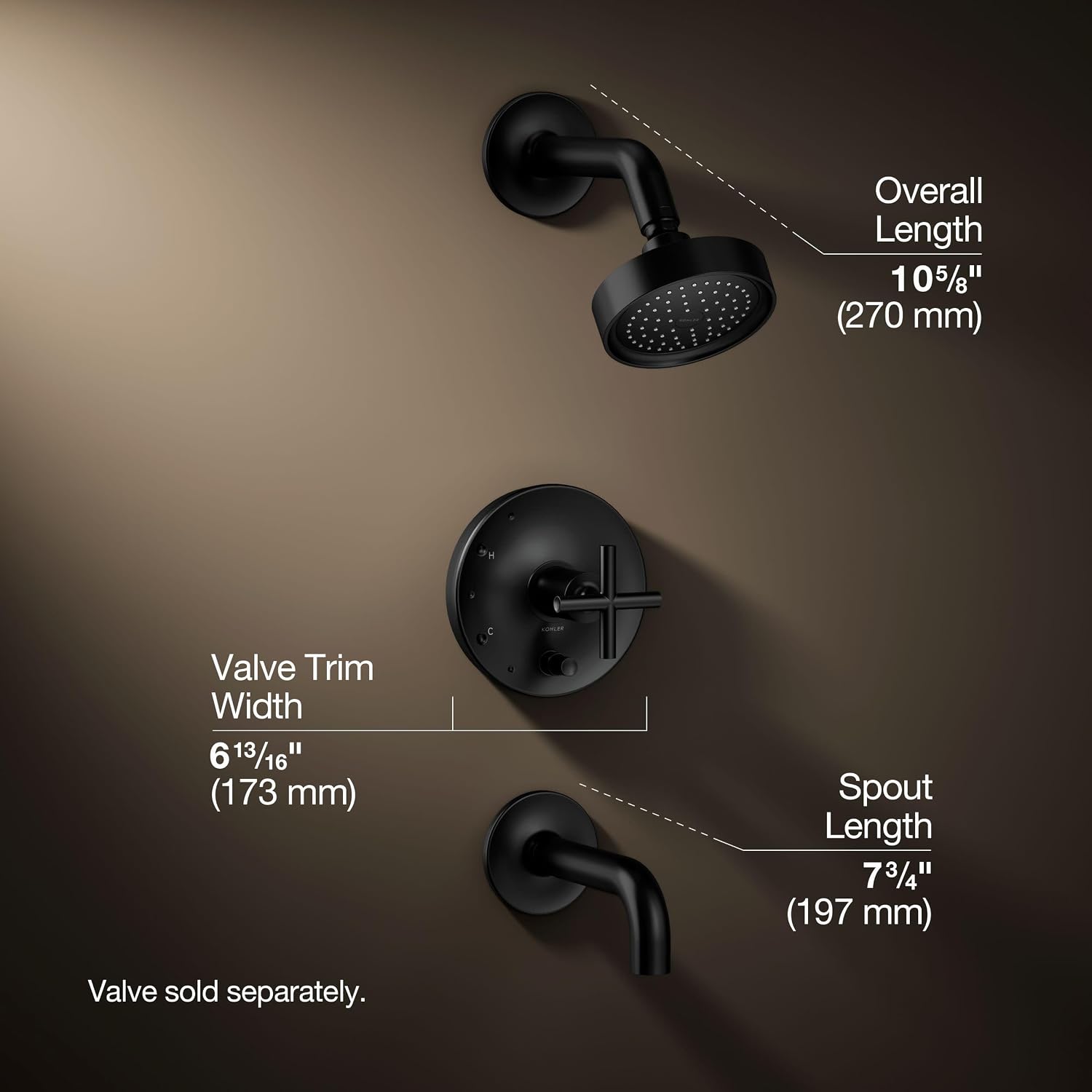 KOHLER K-T1441-3-BL Purist® Rite-Temp® Pressure-Balancing Bath and Shower Faucet Trim with Push-Button Diverter, 7-3/4-Inch Spout and Cross Handle