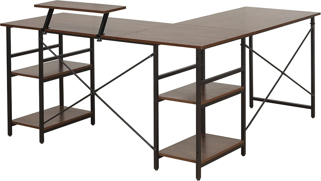 Techni Mobili Office Desk - Reversible L Shaped Desk with Storage Shelves, Monitor Stand & Accessory Holder - Ergonomic & Industrial Workstation Corner Table with Durable Steel Frame, Walnut