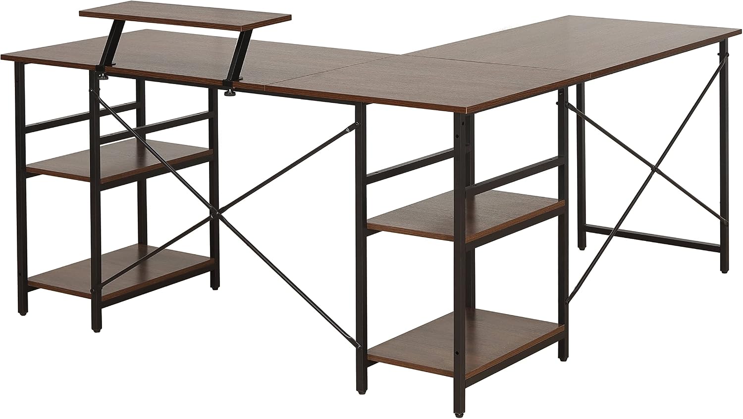 Techni Mobili Office Desk - Reversible L Shaped Desk with Storage Shelves, Monitor Stand & Accessory Holder - Ergonomic & Industrial Workstation Corner Table with Durable Steel Frame, Walnut