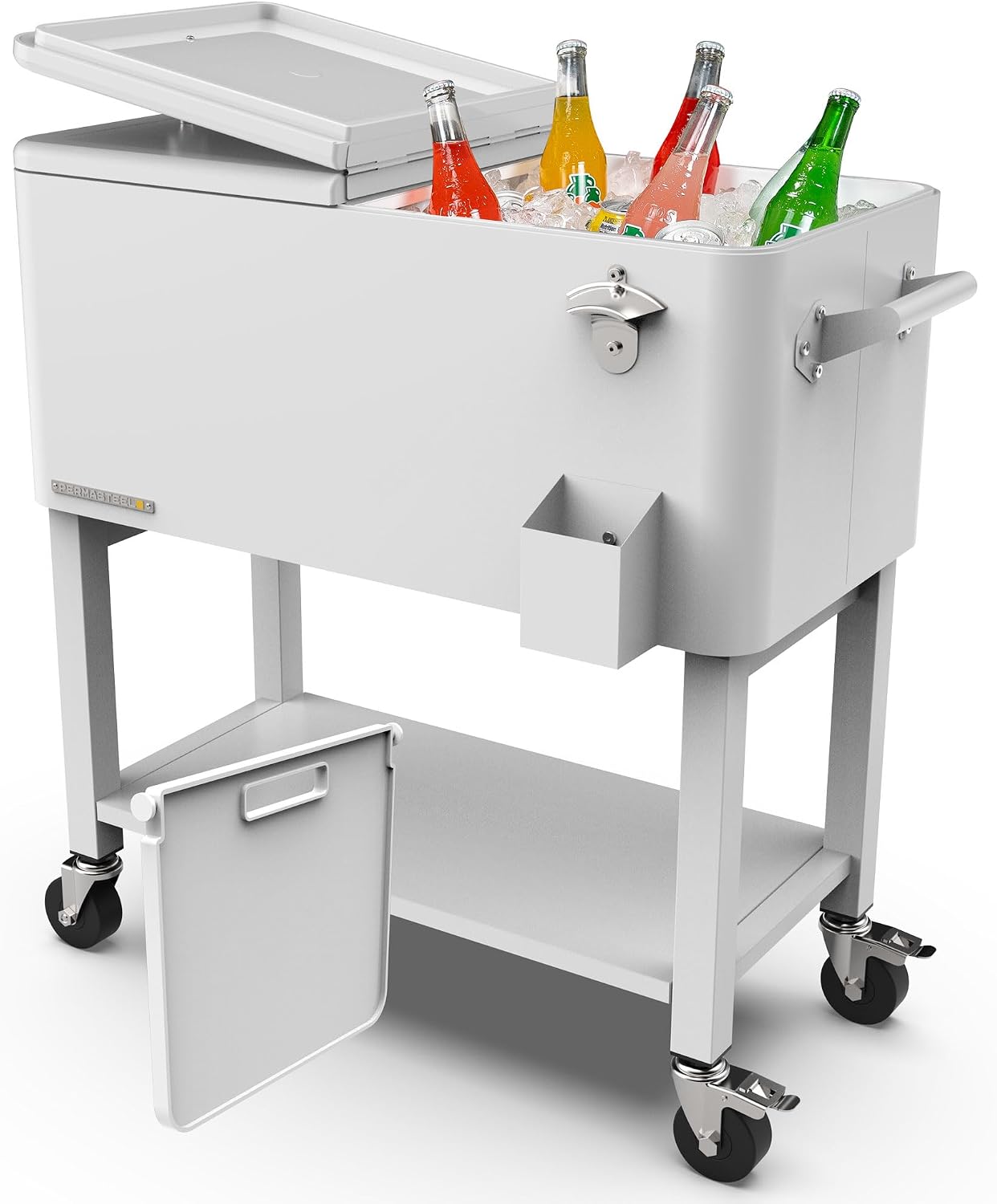 Permasteel Party Cooler with Divider, Removable Basin, Spacious 80-Qt Capacity, Chills 36hrs, Serving Tray, Rolling Ice Chest for Indoor & Outdoor