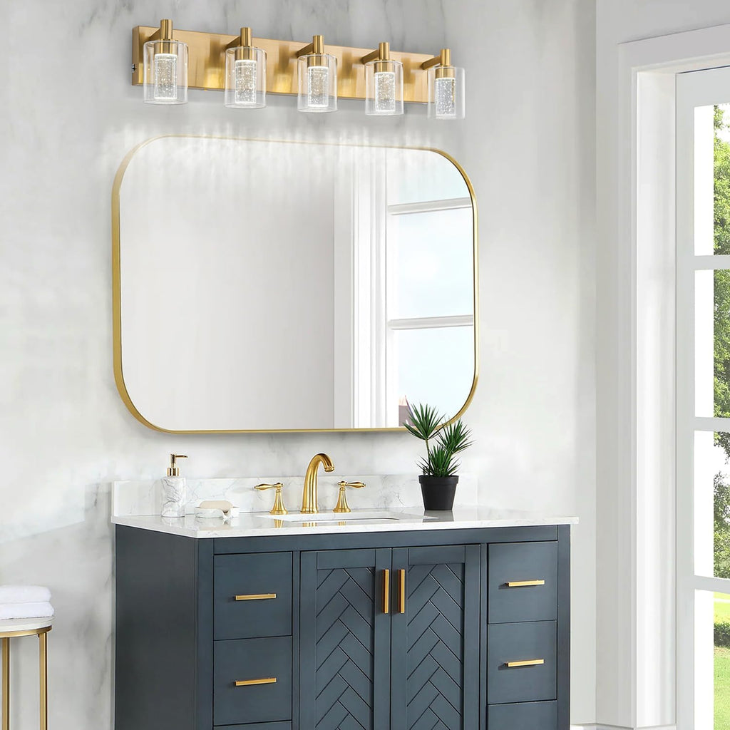 SineRise Vanity Light with 3 Color Modes (3000K/4000K/6000K), Eye Protection LED Bathroom Light Fixture, Dimmable Modern Wall Light Over Mirror with Clear Glass Shade (Gold, 5-Light)