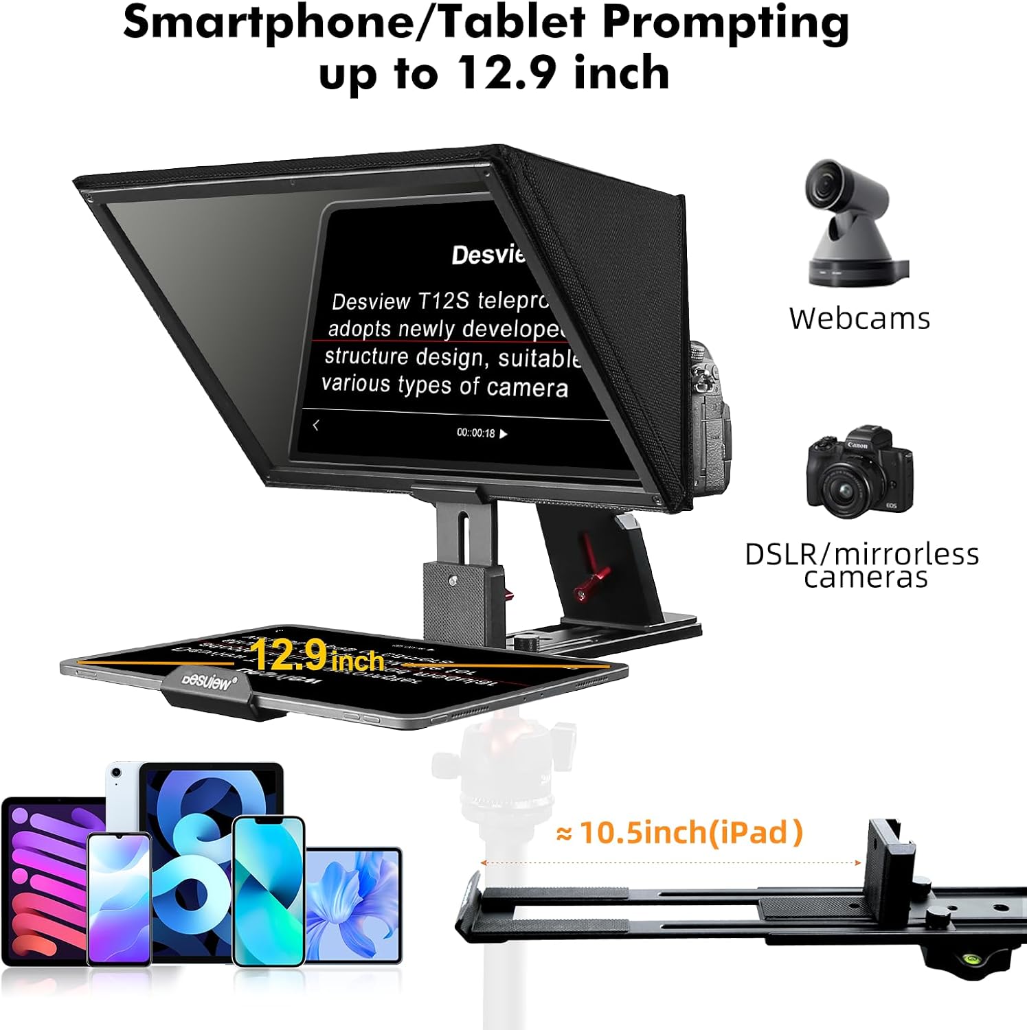 Desview T12S Teleprompter 12.9 inch Metal Teleprompter High Display Glass Compatible with Smartphone Tablet ipad Camera Easy Assembly Carry Case Included Great Partner for Video Making