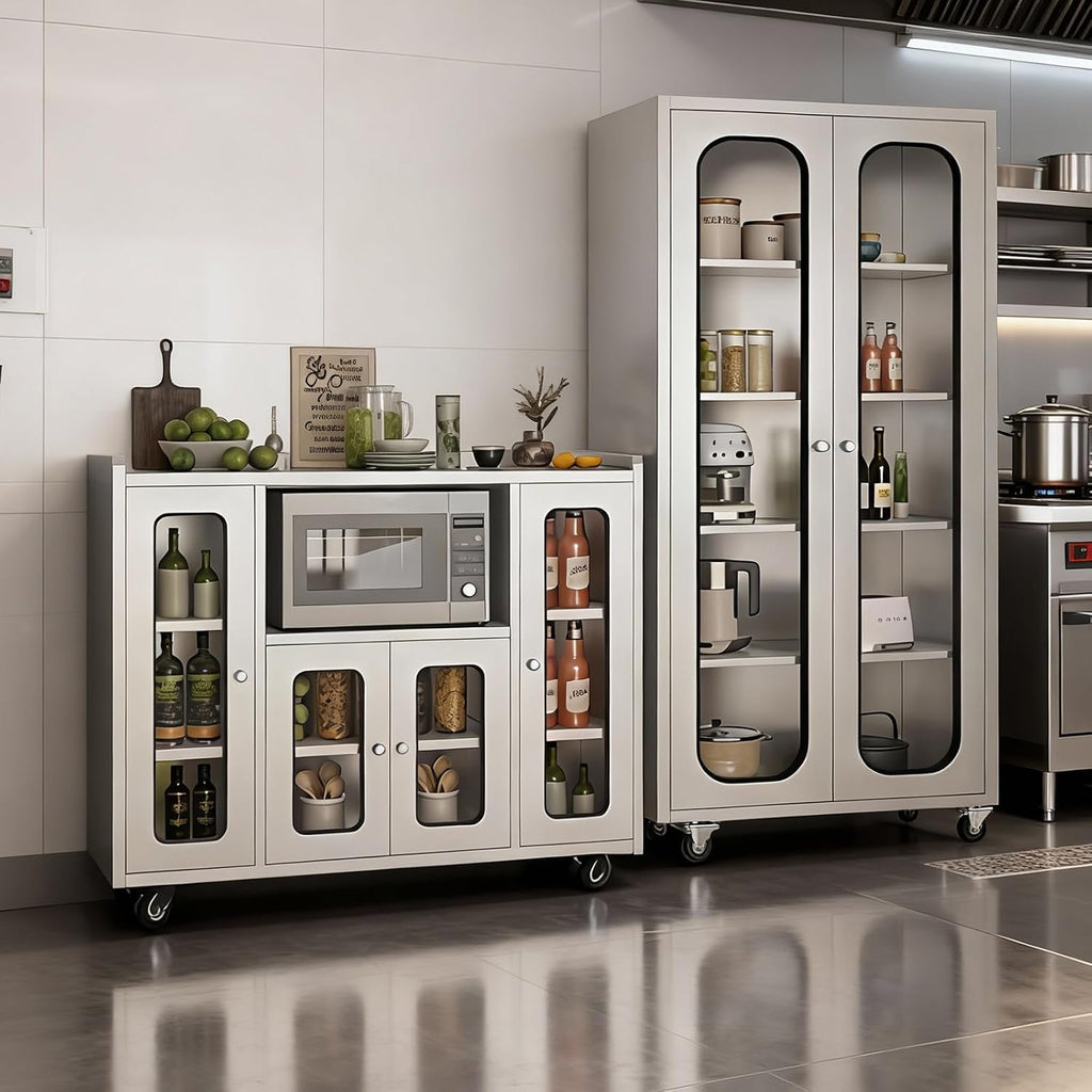 ZZV 68' Tall Stainless Steel Storage Cabinet with Wheels, Fully Assembled 5-Tier Kitchen Pantry Cabinet with Glass Doors for Garage, Utility Room, Laundry Room, Restaurant, Cafe, and Outdoor