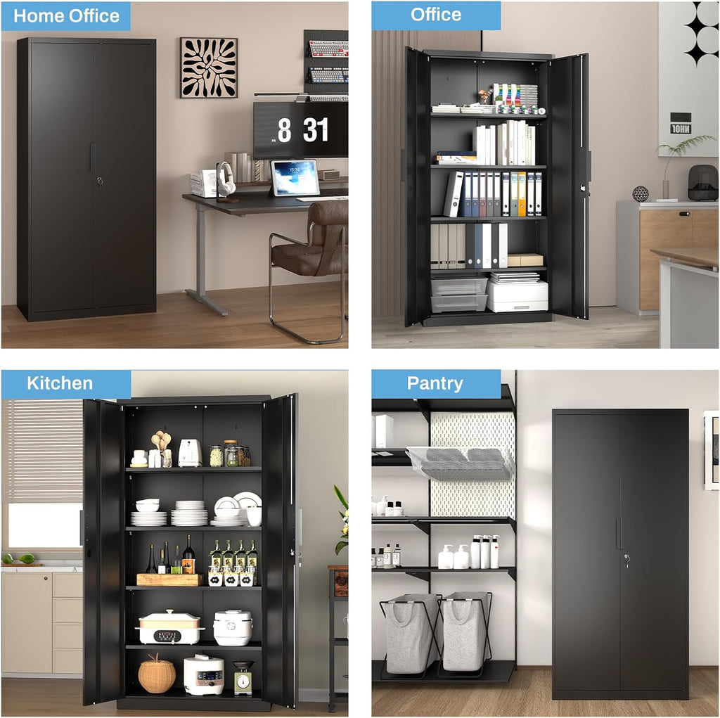 Metal Garage Storage Cabinet with Lock, 71' Tall Steel Storage Locker with 4 Adjustable Shelves, Heavy Duty Metal Cabinet for Garage, Office, Home, 31.5'W × 16.5'D, Black