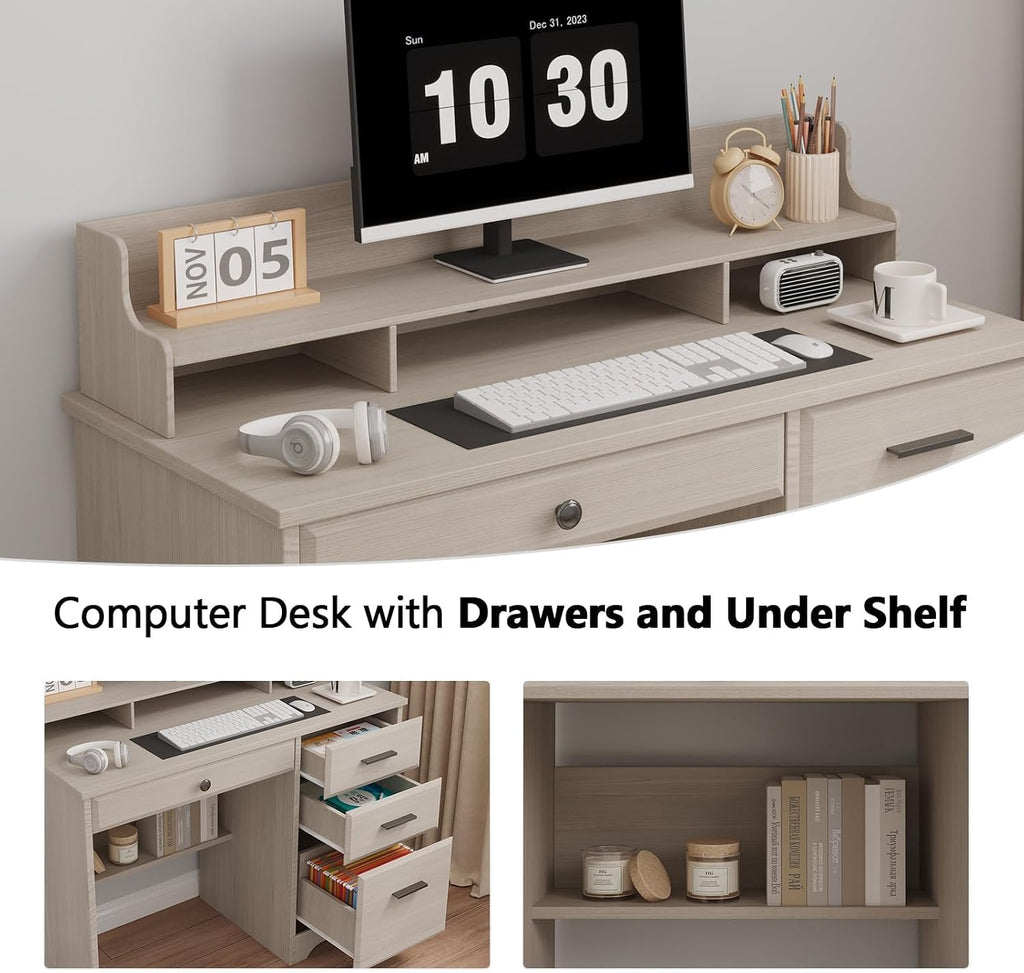 4 EVER WINNER Small Desk with Drawers for Small Spaces, 44'' Computer Desk with File Cabinet & Monitor Stand, Wood Writing Desk for Bedroom, Living Room, Off White