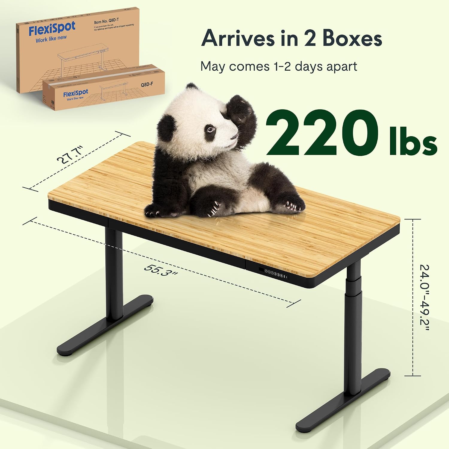 FLEXISPOT Q8 55' Bamboo Standing Desk, Dual Motor 3 Stages Adjustable Height Electric Computer Workstation w/Wireless Charging, Drawer, Quick Install, 220lbs Capacity (Bamboo Tabletop + Black Frame)