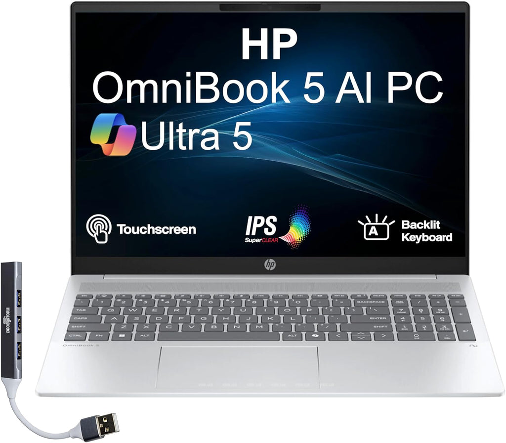 HP OmniBook 5 Next Gen AI Laptop 16.0' Touchscreen 2K IPS Display (Intel Ultra 5-225U, 16GB LPDDR5X, 1TB PCIe SSD, Backlit KB, Copilot+, Webcam, Win 11 Pro) w/Dockztorm USB Port Expander