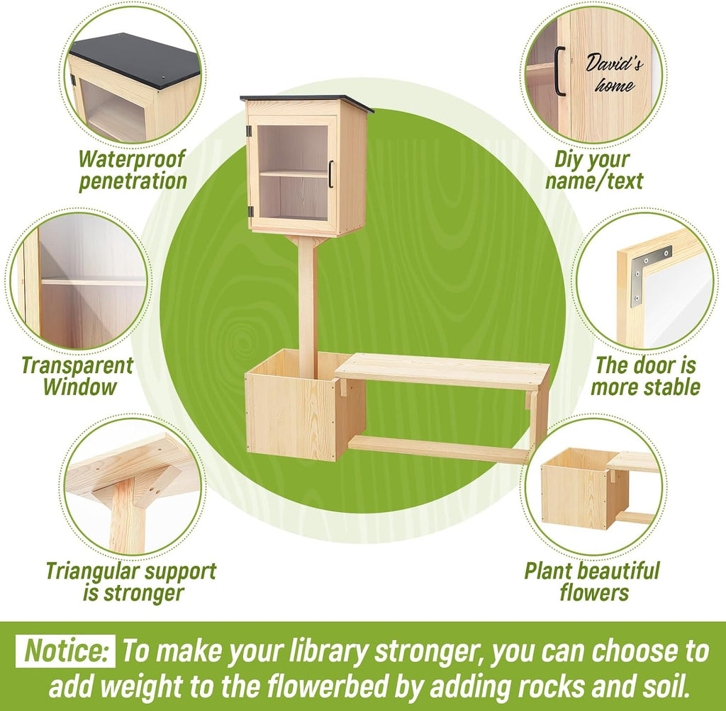 Wonderjune Little Library Box Outdoor with Bench Set, Durable Weatherproof Solid Wood Exchange Box with Floor Plugs and Flower Fence for Neighborhoods, Community, School(Wood)
