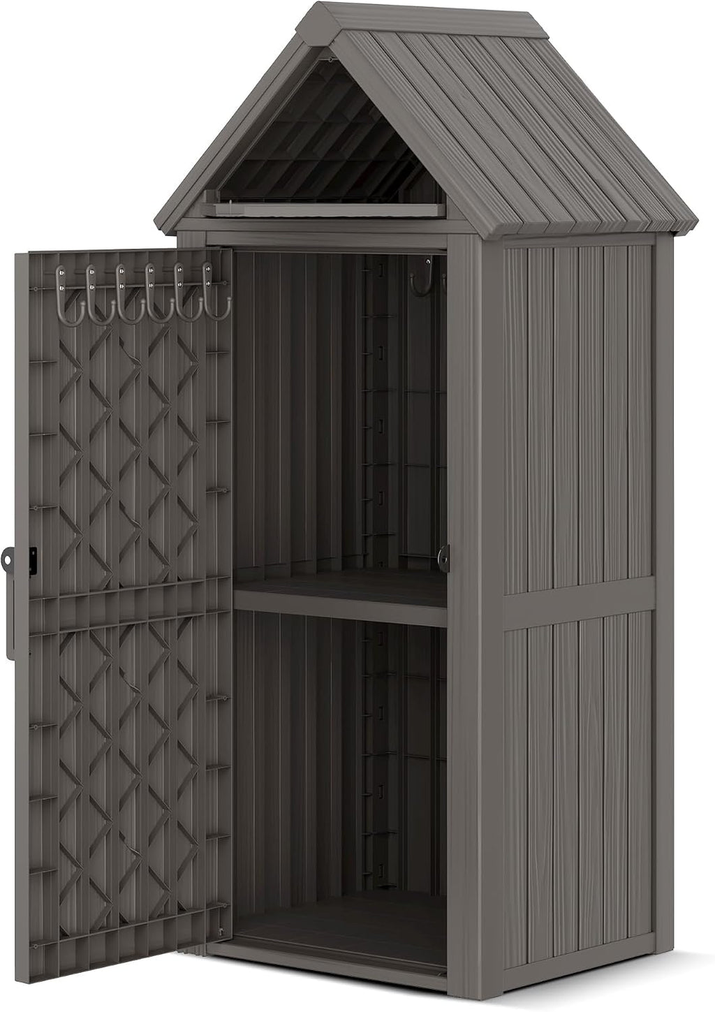 Outdoor Storage Shed, Waterproof Storage Cabinet with Sloping Roof and Lockable Door, Resin Shed with Ample Space, Multiple Hooks for Backyard Patio, Garden, Lawn, Classic Grey