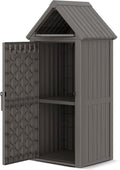 Outdoor Storage Shed, Waterproof Storage Cabinet with Sloping Roof and Lockable Door, Resin Shed with Ample Space, Multiple Hooks for Backyard Patio, Garden, Lawn, Classic Grey