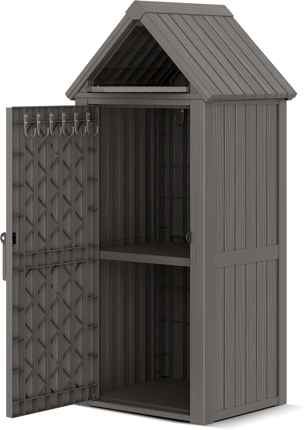 Outdoor Storage Shed, Waterproof Storage Cabinet with Sloping Roof and Lockable Door, Resin Shed with Ample Space, Multiple Hooks for Backyard Patio, Garden, Lawn, Classic Grey