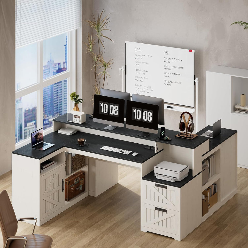 TVU Farmhouse L Shaped Desk with Drawers, 62.2' Home Office Desk with Storage Shelves and Power Outlet, L Shaped Computer Desk with Monitor Stand and Printer Shelf, Black and White