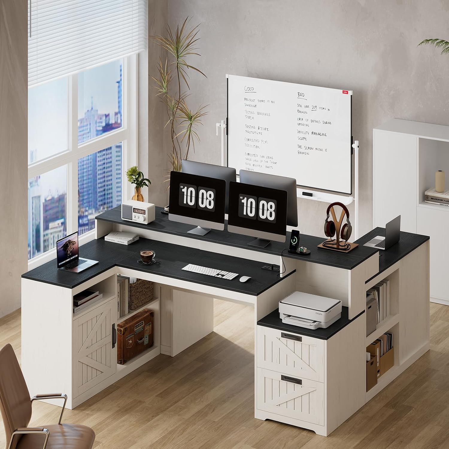 TVU Farmhouse L Shaped Desk with Drawers, 62.2' Home Office Desk with Storage Shelves and Power Outlet, L Shaped Computer Desk with Monitor Stand and Printer Shelf, Black and White